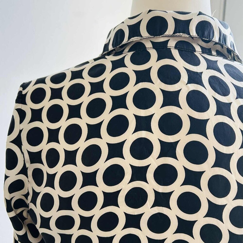 Vintage Josef Black & Ivory Pure Silk Geometric Print Button-Front Blouse – US 6 - Picture 3 of 9